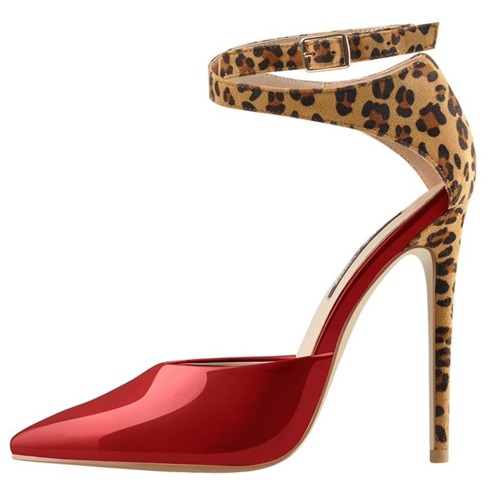 Two Tone Ankle Strap Pointed Toe Heeled Pumps - Picture 3 of 5